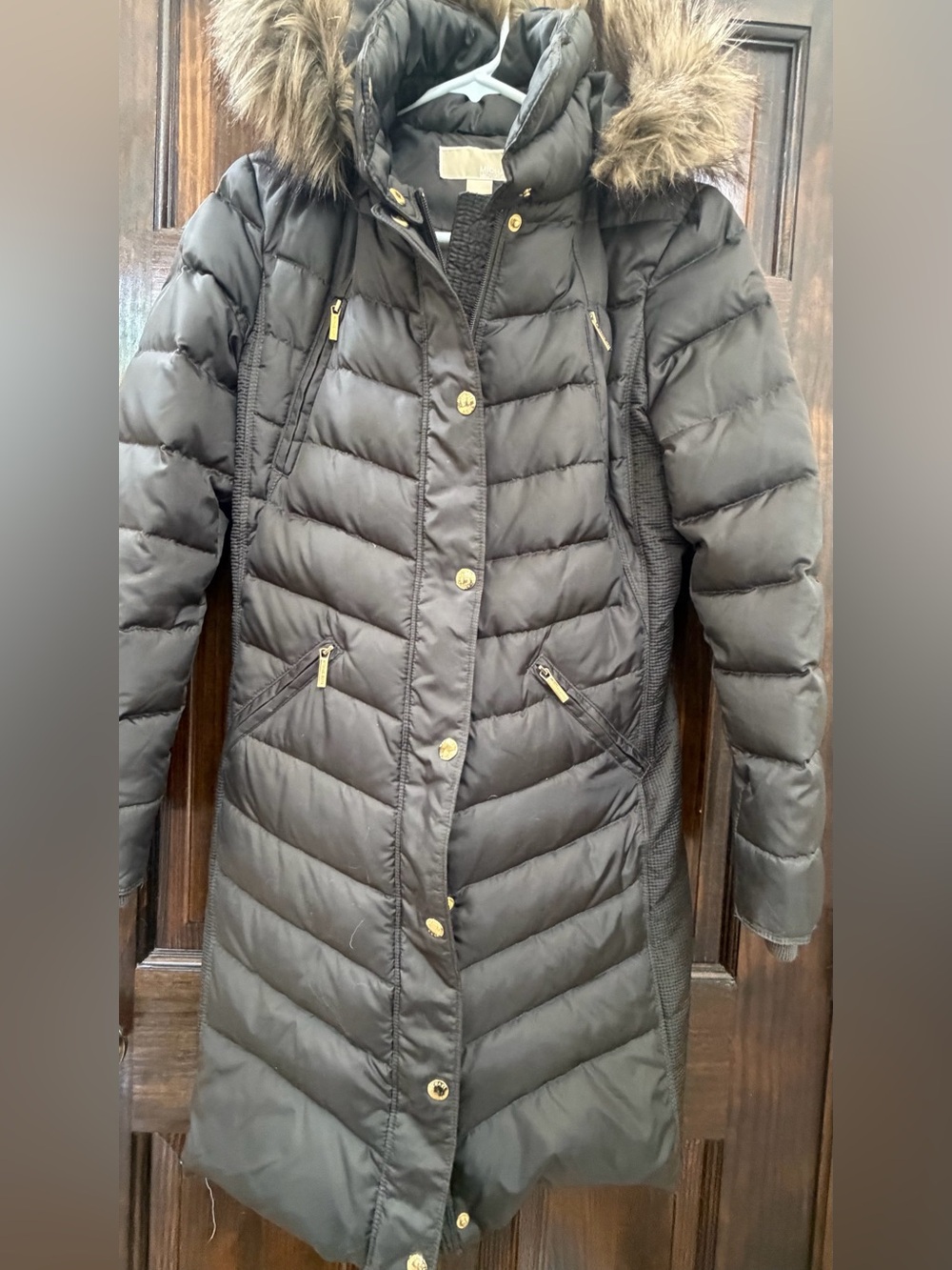 Michael Kors Black Quilted Long Puffer Coat with Faux Fur Trim. dark moss